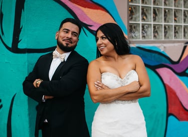 Couple posing during wedding urban