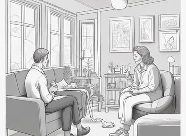 A professional consultation setting with a medical professional sitting at a desk facing a client. The room has a modern aesthetic with white walls decorated with framed certificates. The desk is organized with office supplies, a laptop, and a fruit bowl in the center.