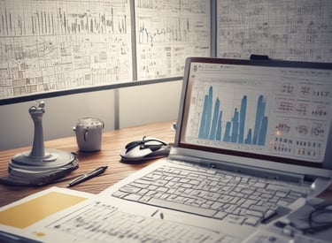 A data analyst working on a laptop with charts and graphs displayed on the screen.