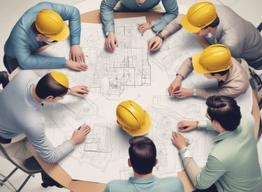 A modern building with a prominent sign that reads 'AXON Engineering & Building Company'. The structure features vertical yellow and white beams against a deep blue sky.