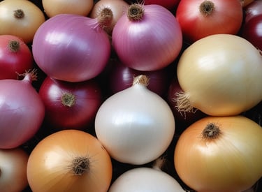 An assortment of onions is laid out on wooden planks, drying in the sun. The onions are in various stages of drying, with brownish husks and some green stems peeking out. The background is blurred, showing green foliage and creating a rustic farm atmosphere.