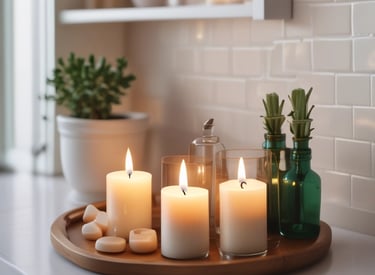 A cozy candle lit in a serene setting, showcasing its warm glow.