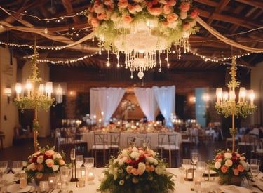 A lavishly set dining table with elegant décor and fine china.
