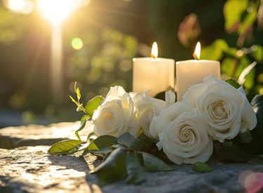 White roses and lit candles in soft sunlight on a stone surface representing memorial.