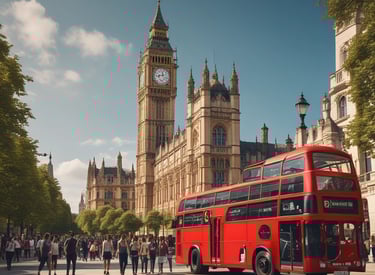 A modern street bus traveling through an urban area with historical architecture. The bus is white with blue accents and has digital signage displaying information. The background shows a classic European-style building with intricate details and a palm tree to the side.