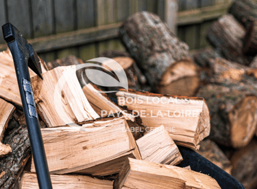 une brouette pleine de bois avec une hache