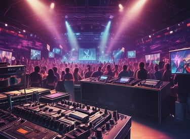 A multi-screen display showing various camera angles and views of a music or worship event. The screens include a live audience, performers on a stage, close-ups of a drummer, and a person speaking or singing. There are also overlay texts with labels such as 'ISO REC', 'Preview', and different camera numbers.