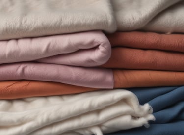 A variety of knitted and crocheted textiles, including hats, scarves, and socks, arranged on a wooden floor. There are several balls of yarn in different colors, knitting needles, and crochet hooks scattered around. The textures are soft and cozy, featuring earthy tones like gray, beige, and dark blue.