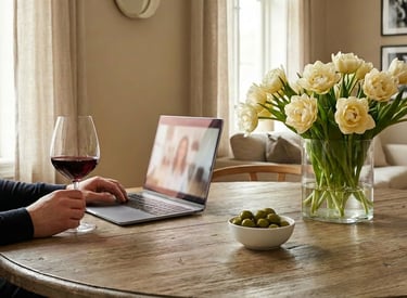 A person having a virtual wine tasting on a laptop with white tulips and olives on a wooden table.