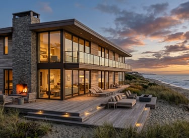 Luxury modern beachfront home with glass walls and stone fireplace at sunset.