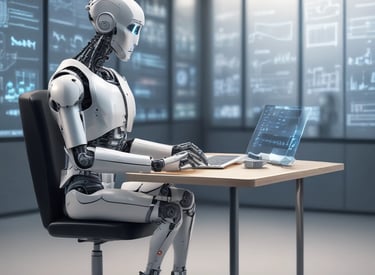 A small, round robot with a smooth white surface and blue accents operates a blue laptop on a sleek, floating platform. The robot has glowing eyes and an antenna on its head, with an 'AI' emblem on its front.