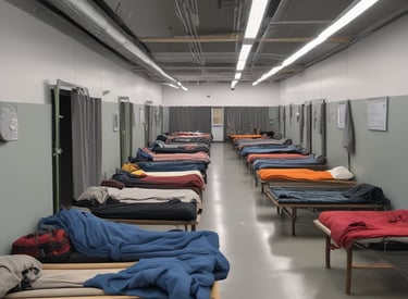 An outdoor shelter with a tiled roof stands on a paved area. It is supported by stone columns surrounded by greenery, including tall trees in the background. A blue painted low wall runs parallel to the shelter, adding a splash of color to the natural setting.