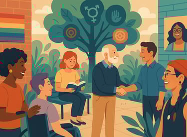 um grupo de pessoas em pé ao redor de uma árvore