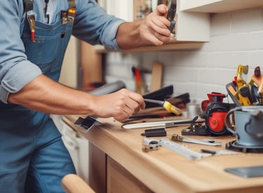 A man works in a small, cluttered repair shop filled with various tools, materials, and spare parts. Shoes and other items are scattered around, with a focus on repairs and craftsmanship. The setting is rustic and busy, indicating the shop's utility and frequent use.