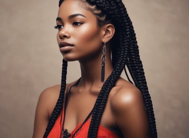 A person with braided hair smiles warmly while another pair of hands is styling their hair. The braids are intricate and feature a mix of black and blue tones. The person wears a red shirt and appears cheerful, while the background is slightly blurred with hints of colorful patterns.