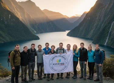 Travelers holding the Aventro Holidays flag amidst the stunning mountains and fjords of New Zealand at sunset.