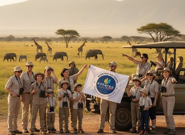 Wildlife safaris Aventro Holidays People enjoying with Guide and 4 by 4 safari vehicle and wild animals around them