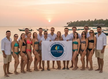 Travelers holding the Aventro Holidays flag on a beautiful beach at sunset.