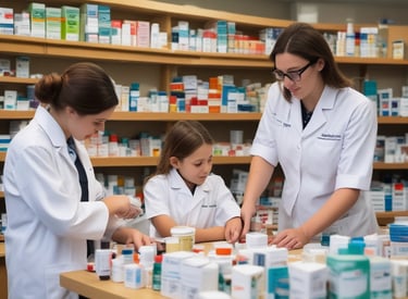 A team of pharmacists collaborating in a modern pharmacy setting.