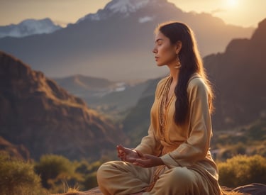 A tranquil setting with a person meditating by a peaceful river, reflecting harmony and stillness.
