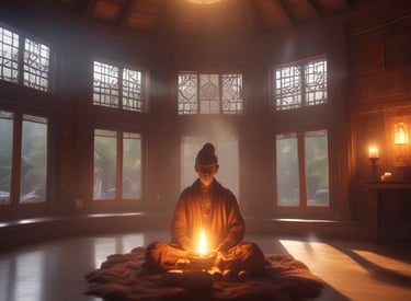 A peaceful meditation space with soft cushions and candles, inviting relaxation and reflection.