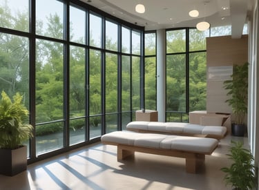 A serene therapy room with calming colors and comfortable seating.