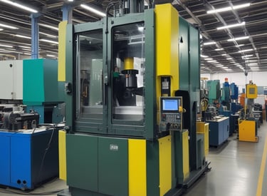 A modern plastic injection molding machine in a factory setting.