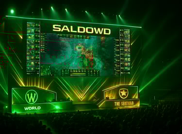 Panggung turnamen esports SALDOWD yang megah dengan layar raksasa dan tata lampu hijau spektakuler