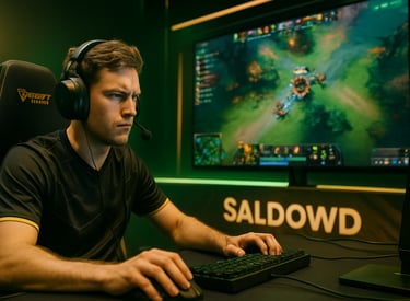 Seorang gamer profesional sedang fokus bertanding di depan monitor dengan brand SALDOWD
