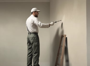 A professional painter applying bright paint to a living room wall.