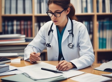 A recruiter reviewing resumes in a bright office.