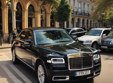 Two vintage cars adorned with colorful maps and signs are parked in front of a wall with a silhouette of a cityscape. The signs on the cars advertise sightseeing tours and indicate the next departure. The area is dimly lit, with an emphasis on the cars' decorative exteriors.