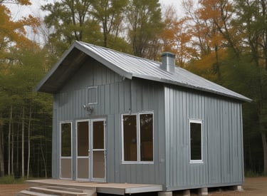 A modern, industrial-style building with a large overhanging metal roof structure. The structure is supported by a grid of steel beams and columns. Below the roof, there is a building with large glass windows reflecting a soft peach and blue sky. The setting appears to be an open, outdoor area.