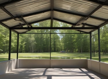 A tall industrial building with corrugated metal siding and various structural elements such as ladders and walkways. The perspective looks upward towards the sky, creating a dramatic angle. The building is marked with signs and logos.