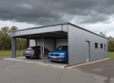 A large industrial building characterized by corrugated metal siding and small windows. The structure appears weathered, with visible rust and dirt stains. The sky above is bright with a few clouds, suggesting a sunny day.
