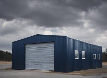 A variety of metal buildings with different colored doors, including green and blue, and a collection of old bicycles stacked together. There is a sign displaying the words 'Café Joost' and another about recycling services. The area seems industrial and slightly worn, with a paved ground and blue sky above.
