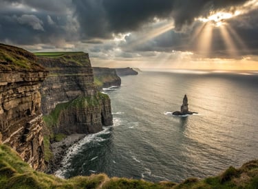 The majestic Cliffs of Moher in County Clare, Ireland, feature towering cliffs and panoramic views o