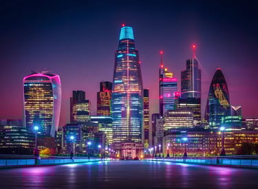London skyline at night, illuminated buildings reflecting the vibrant city lights against a dark sky