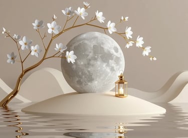 A serene island scene featuring a glowing moon above vibrant flowers, surrounded by calm water.