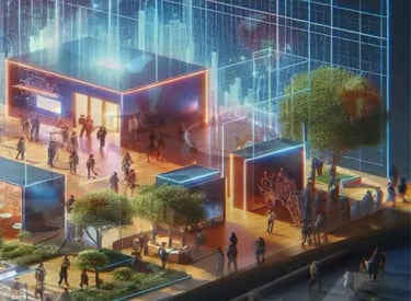 A modern exhibition space featuring interactive displays and informational panels predominantly in g