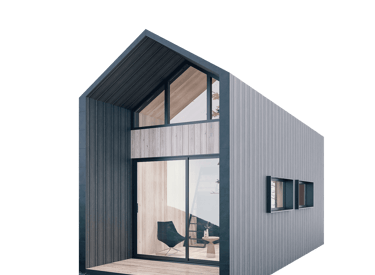 a small house with a large glass door and a patio