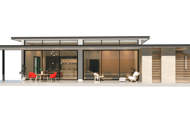 a house with a large glass door and a patio area