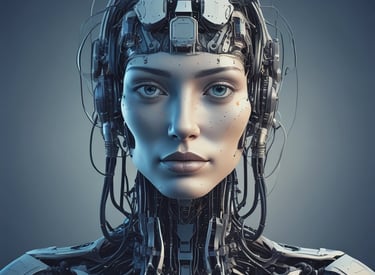 Futuristic holographic robot interacting with a WhatsApp interface.