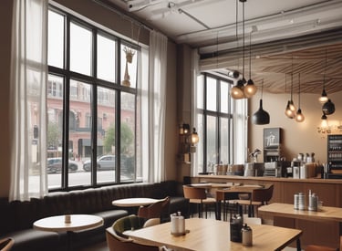 A cozy cafe interior with warm lighting and a welcoming counter ready for customers.