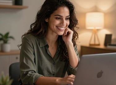 A Brazilian professional smiling during an online therapy session on a laptop, warm and cozy modern office atmosphere, soft ambient light, natural professional setup.