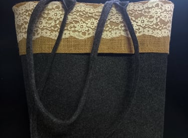 Charcoal felt bag with double handles and lace trimming