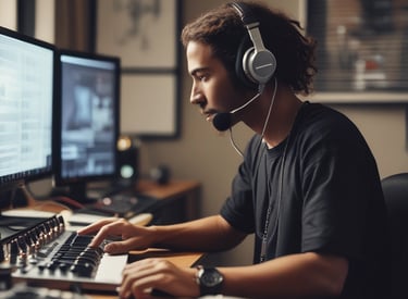Inside a recording studio, several people are engaged in a relaxed and collaborative session. There are guitars positioned in a stand, a person with a baseball cap standing, two individuals sitting and conversing, one holding a guitar, and another working on a laptop. The room is equipped with audio equipment, including speakers and a mixing console.