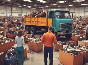 Metal recycling bins for different types of waste are placed in front of a wall with a window displaying posters. The wall also features signage with schedules and a label for the municipal museum. Lush green plants are partially visible on the right side.