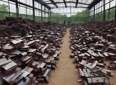 A large pile of assorted scrap metal and debris, including old vehicles, machinery parts, twisted metal sheets, and various other discarded items. The heap is situated next to a corrugated metal roof structure.