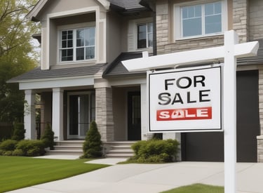 A 'For Sale' sign in front of a well-maintained house.